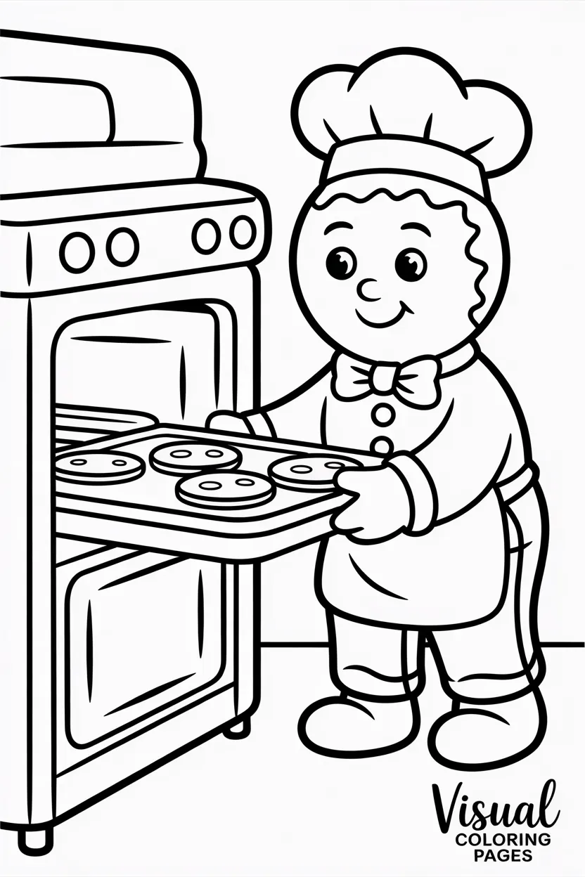 gingerbread man baking cookies in an oven wearing a chef hat