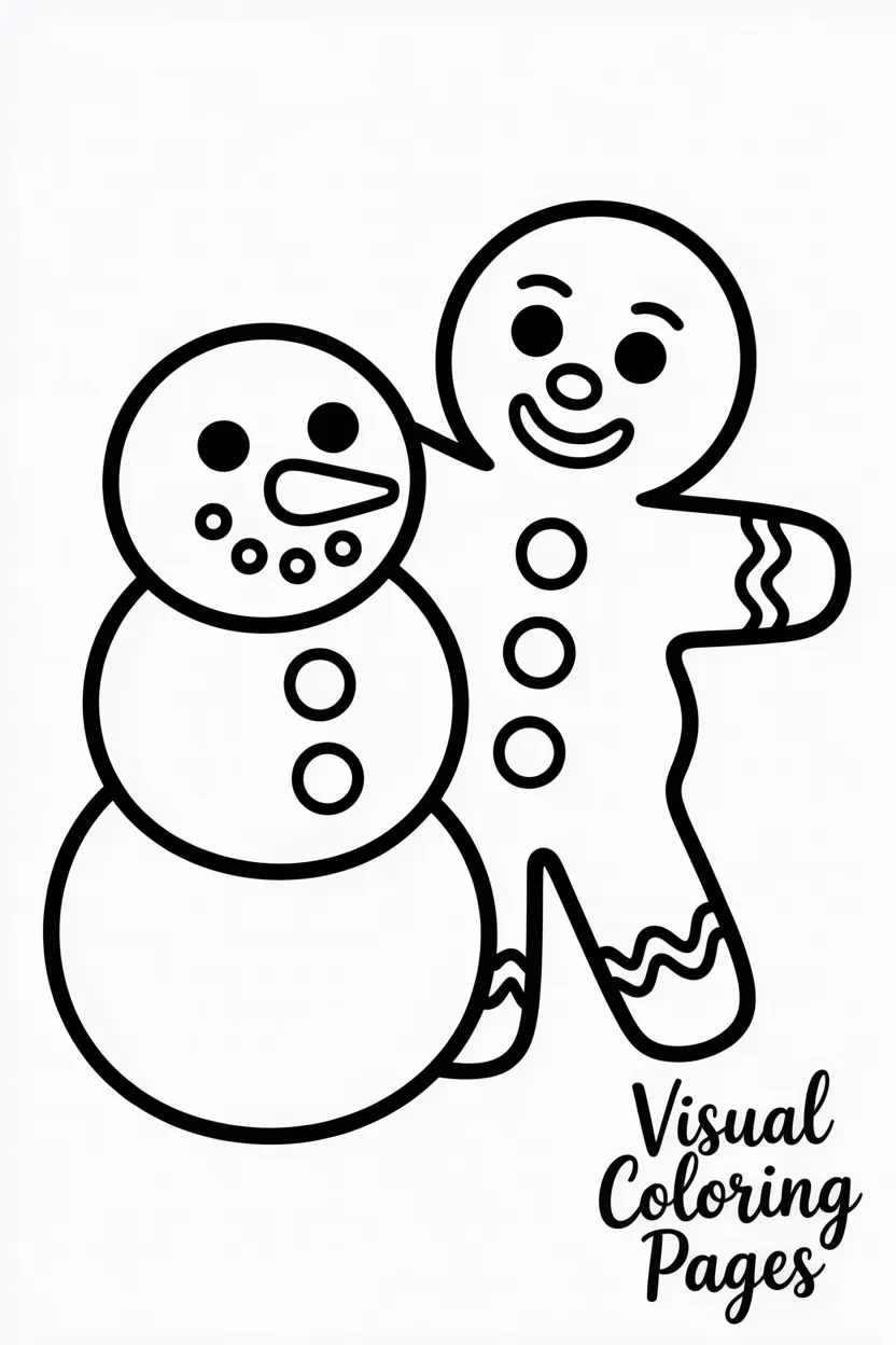 gingerbread man building a snowman with gumdrop buttons
