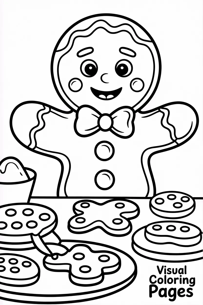 gingerbread man decorating cookies on a table full of sweets