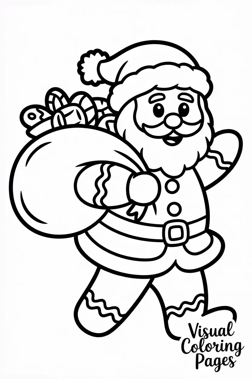 gingerbread man dressed as santa claus carrying a sack of toys