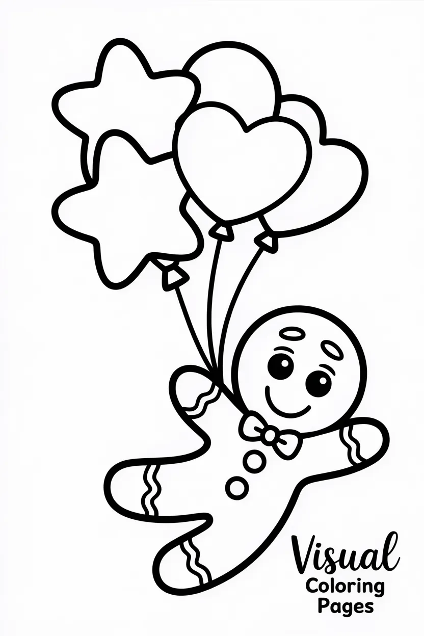 gingerbread man flying with balloons shaped like stars and hearts
