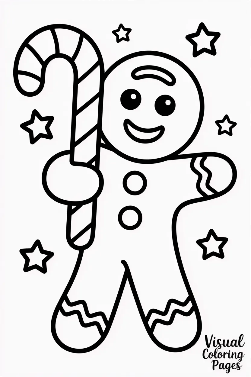 gingerbread man holding a giant candy cane with stars around