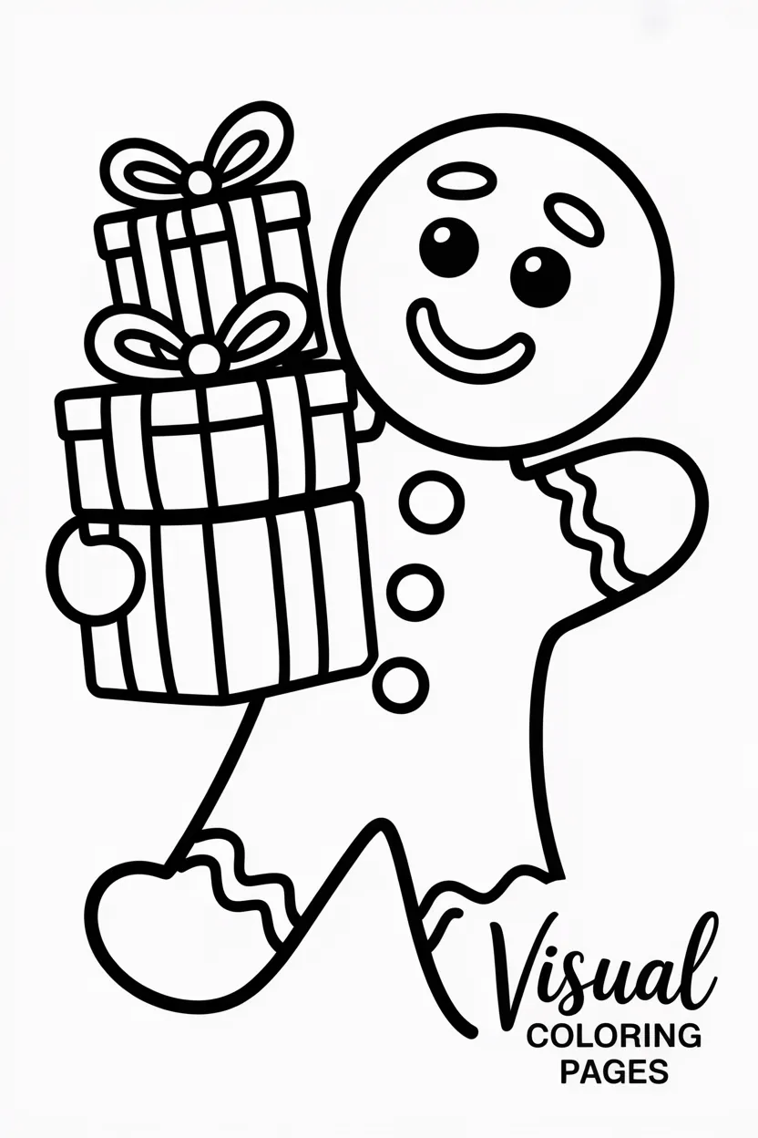 gingerbread man holding wrapped christmas gifts with ribbons