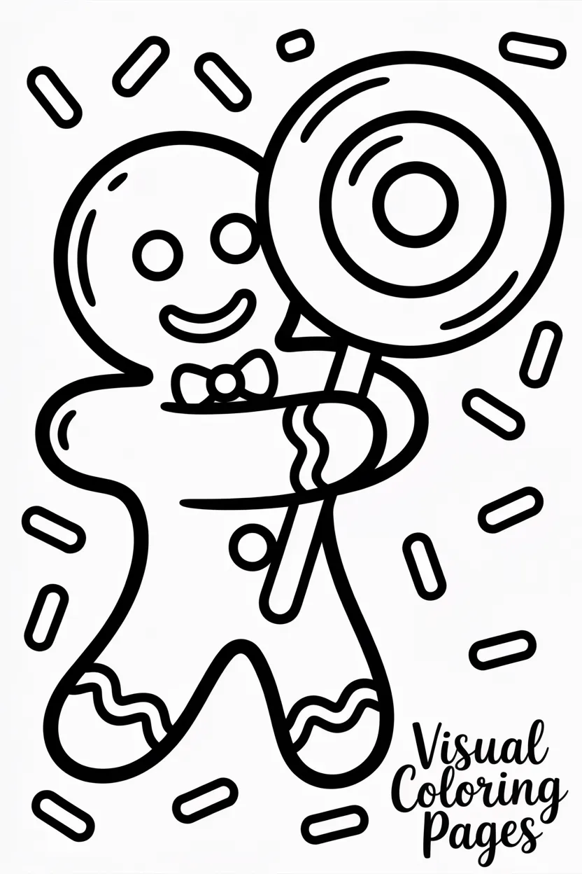 gingerbread man hugging a giant lollipop with candy sprinkles