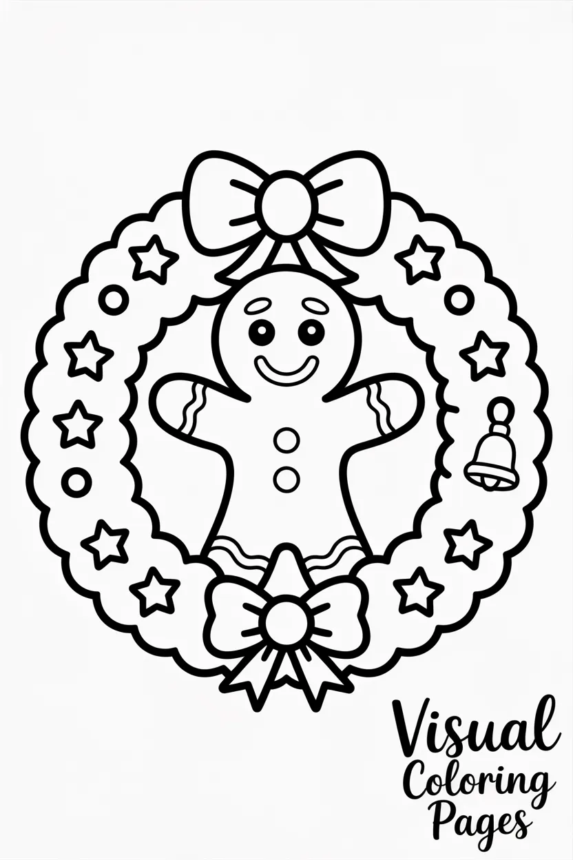 gingerbread man inside a festive wreath with bows stars and bells