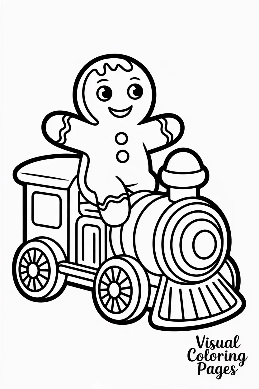 gingerbread man riding a toy train with candy wheels