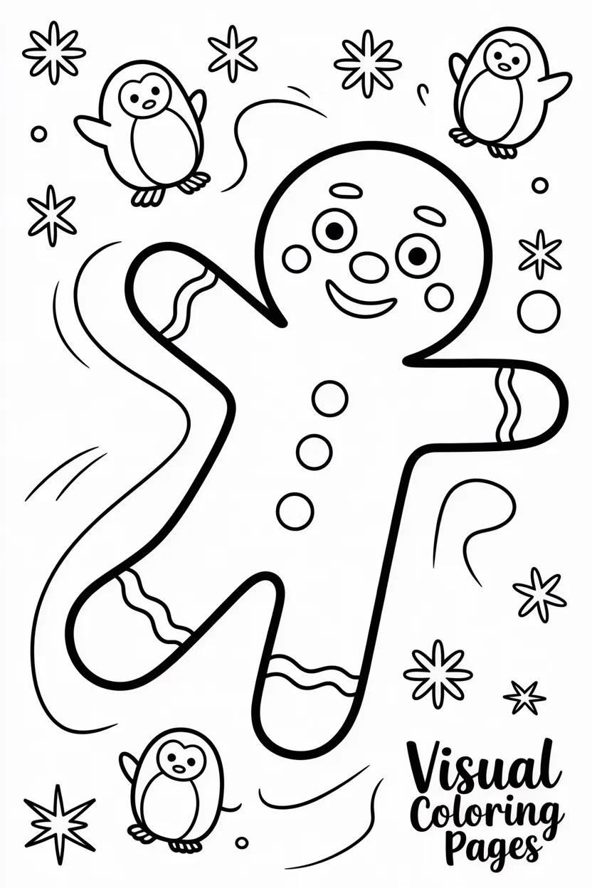 gingerbread man sliding on ice with penguins and snowflakes