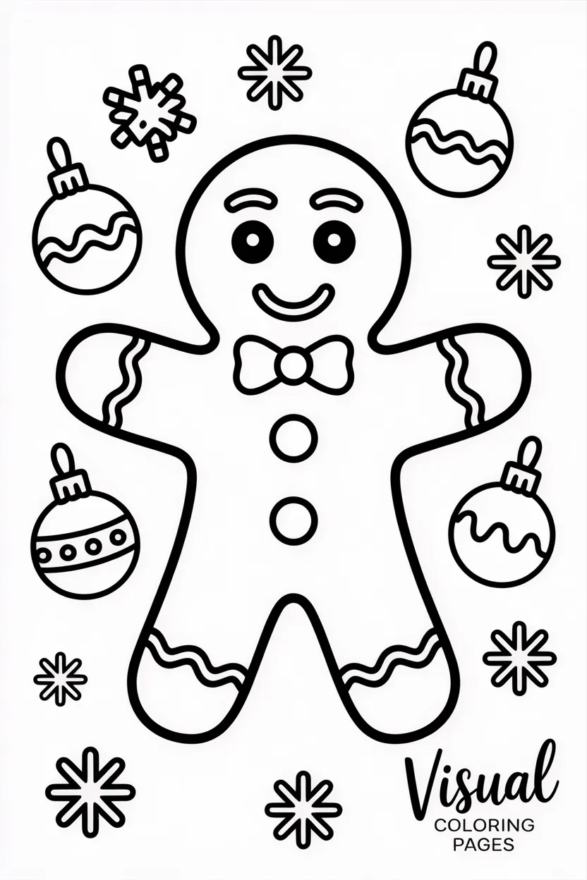 gingerbread man surrounded by christmas ornaments and snowflakes