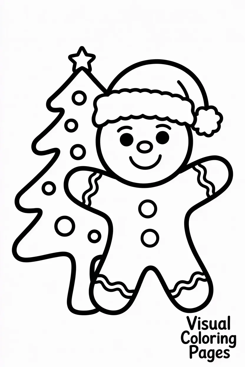 gingerbread man wearing a Santa hat standing by a christmas tree