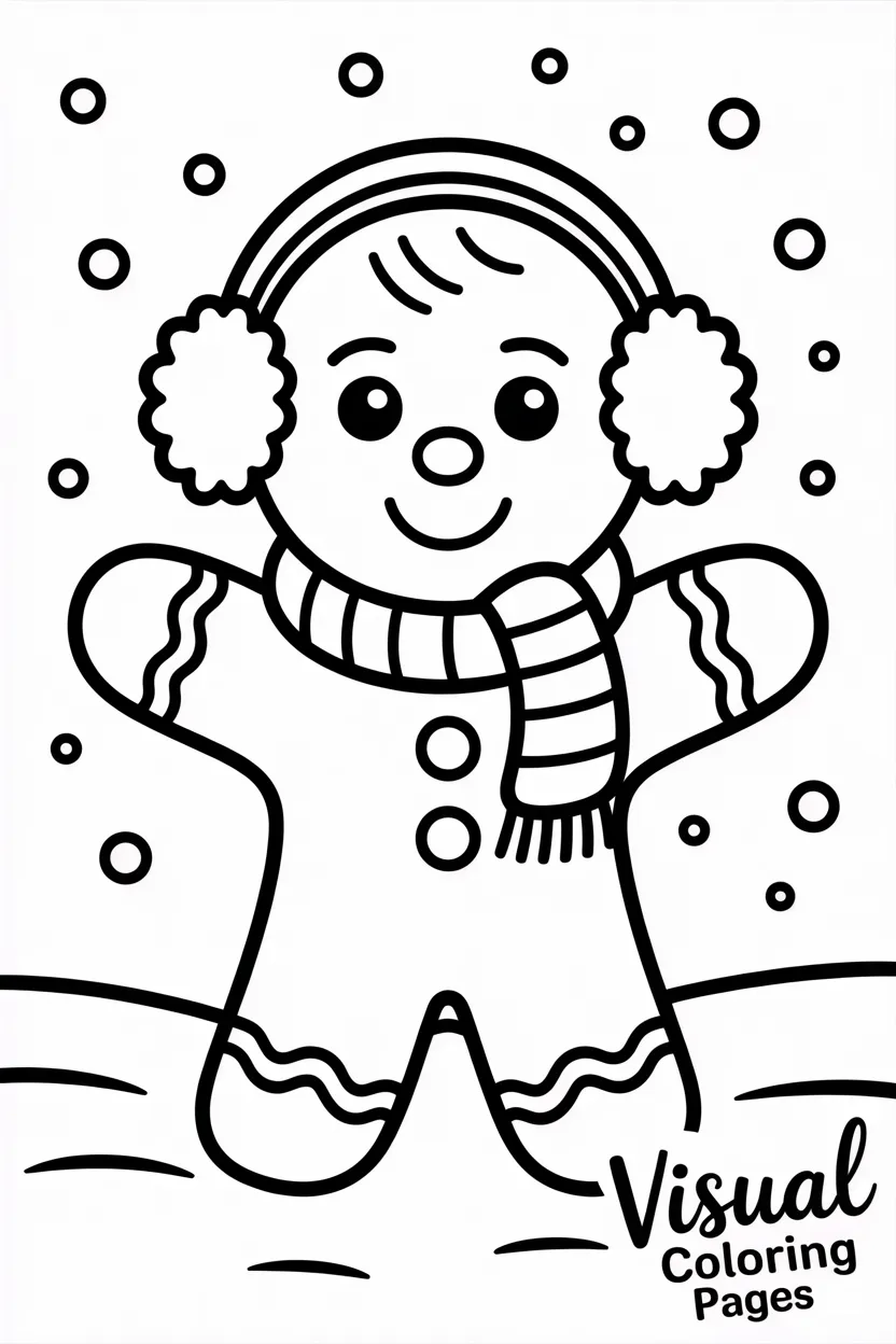 gingerbread man wearing earmuffs and a scarf standing in winter snow