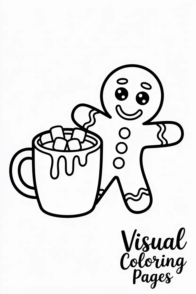 gingerbread man with a hot cocoa mug full of marshmallows