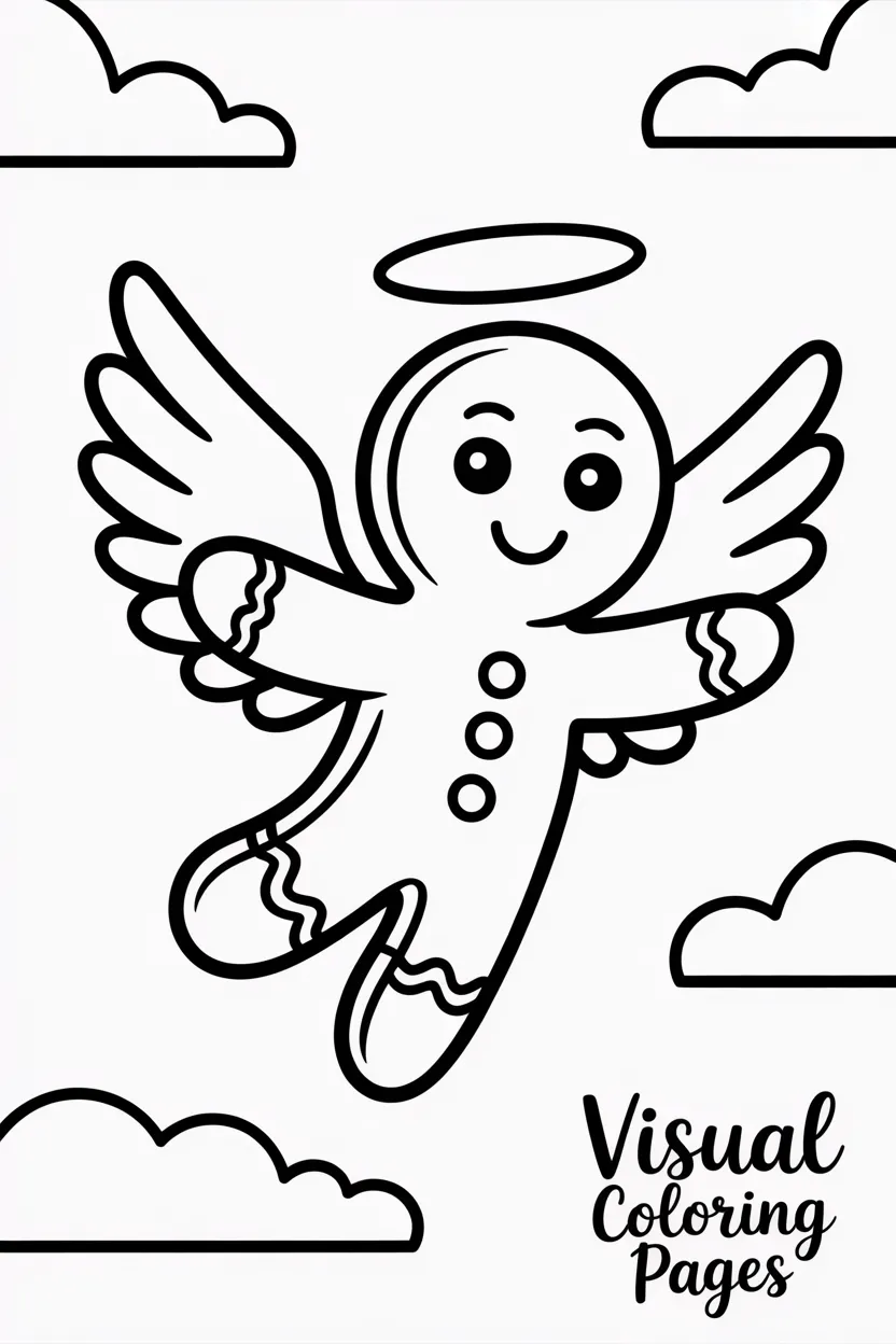 gingerbread man with angel wings and a halo flying in the sky