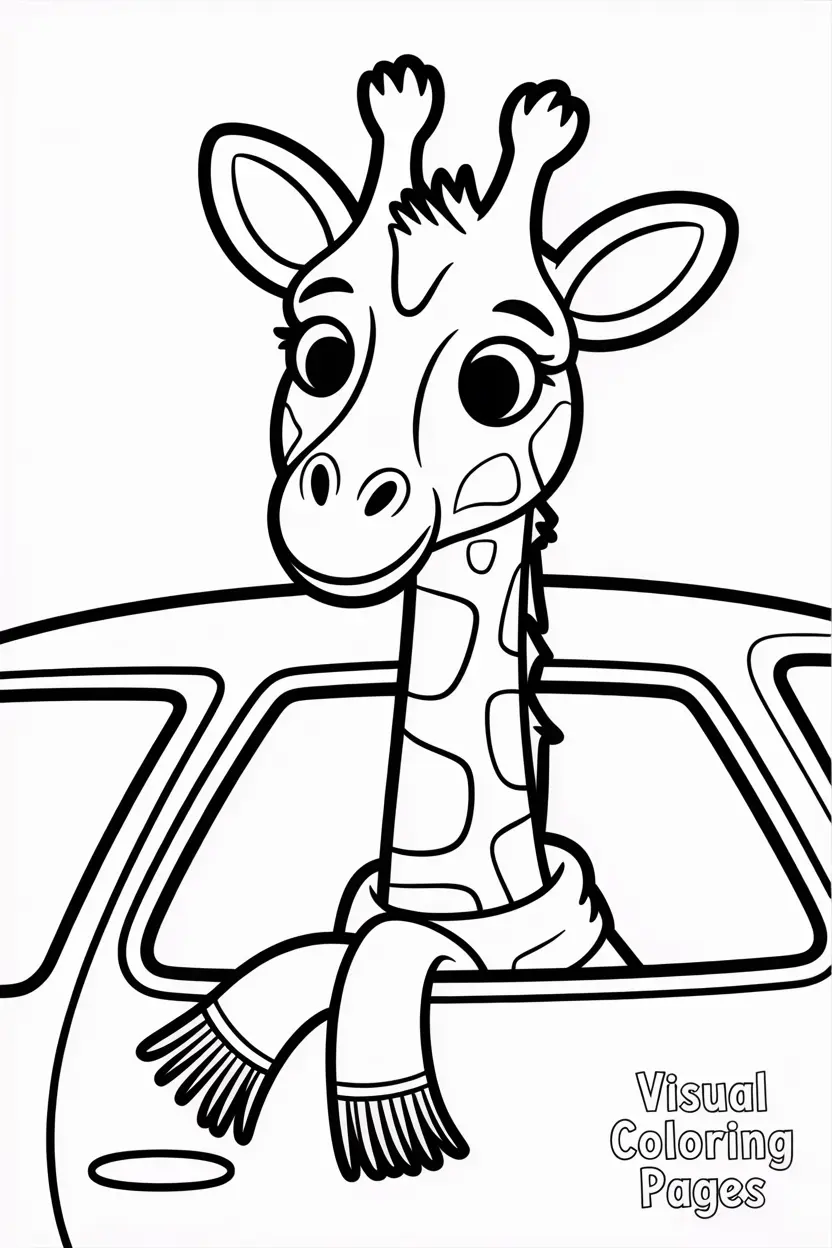 giraffe peeking out of a car window with a funny scarf kids