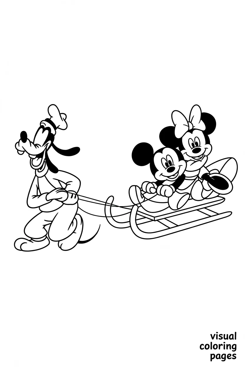 goofy and pluto pulling a sled with mickey and minnie riding