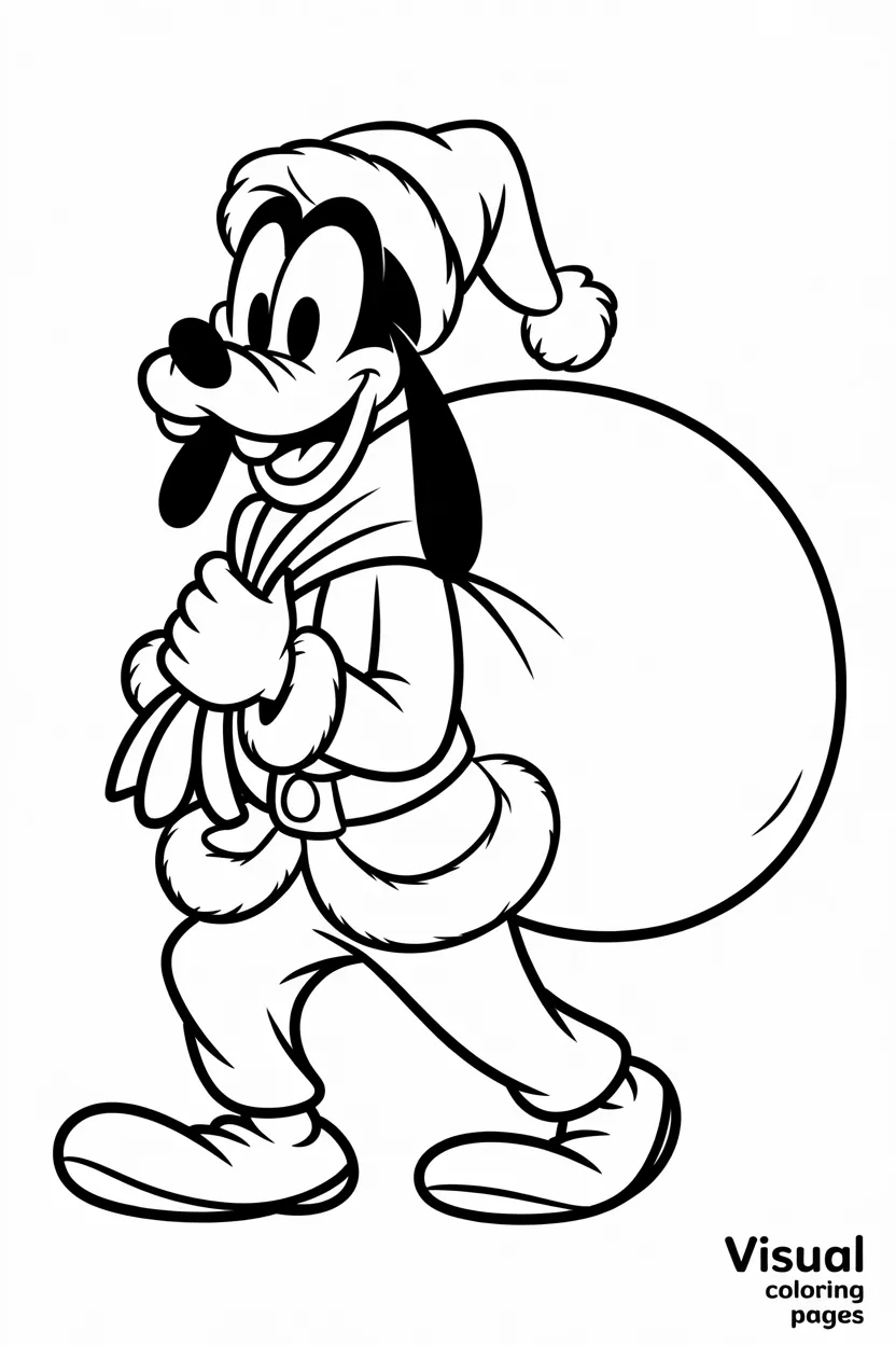 goofy dressed as santa claus carrying a big sack of toys