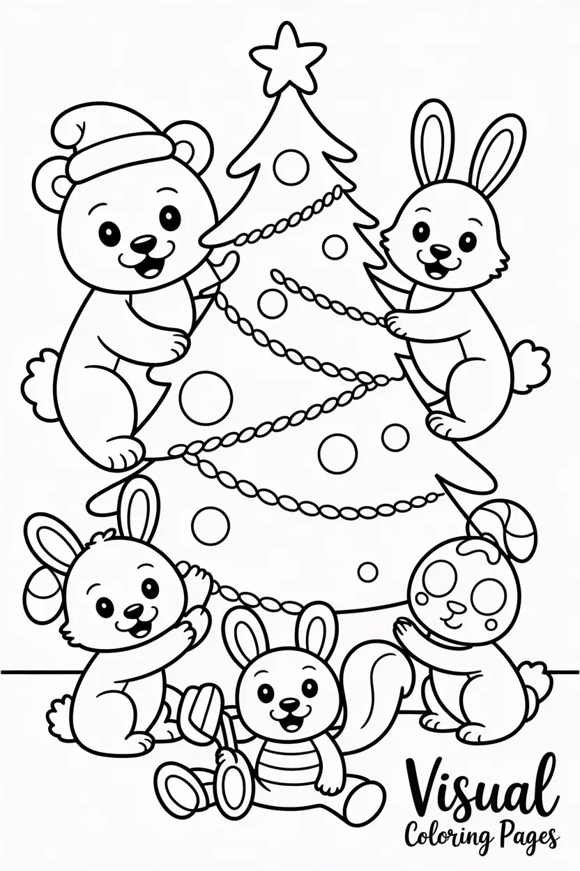 group of animals decorating a christmas tree bear rabbit squirrel