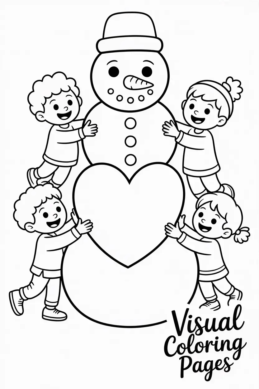 group of children building a giant heart shaped snowman