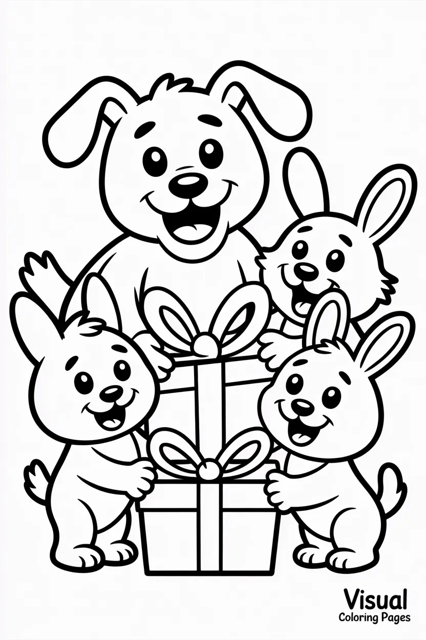 group of happy animals dog cat rabbit opening gifts together