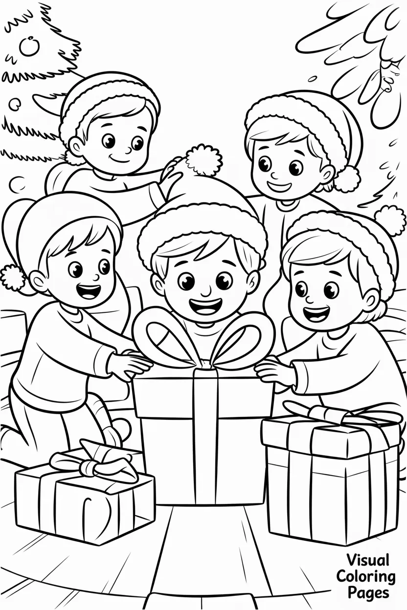 group of kids opening presents on christmas morning