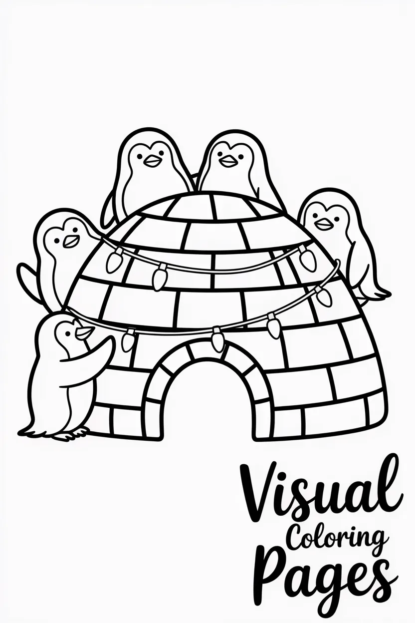 group of penguins decorating an igloo with lights