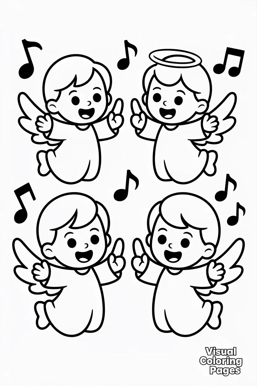 group of three angels singing together with music notes
