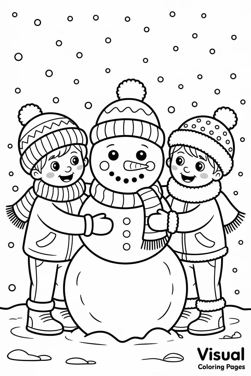 happy children in hats making a snowman together