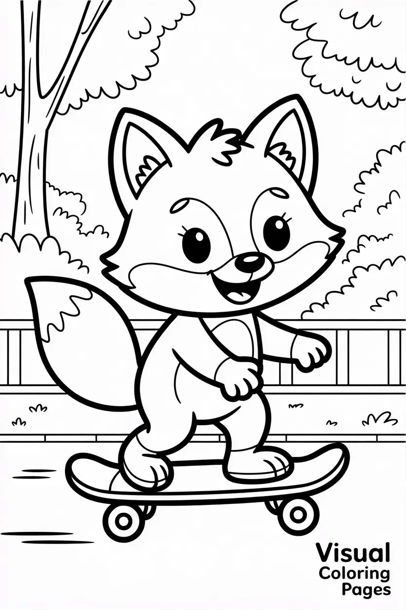 happy fox riding a skateboard through a park kids