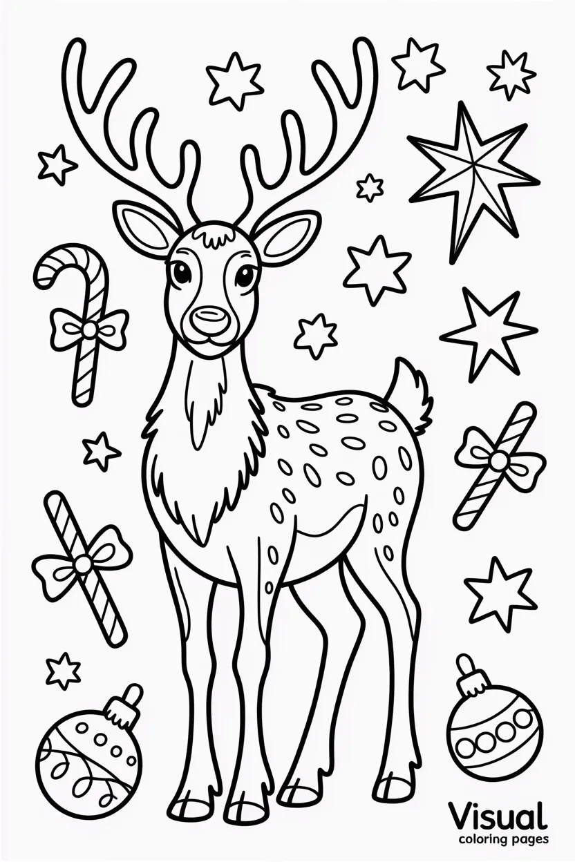 happy rudolph trotting in the snow with presents in the background