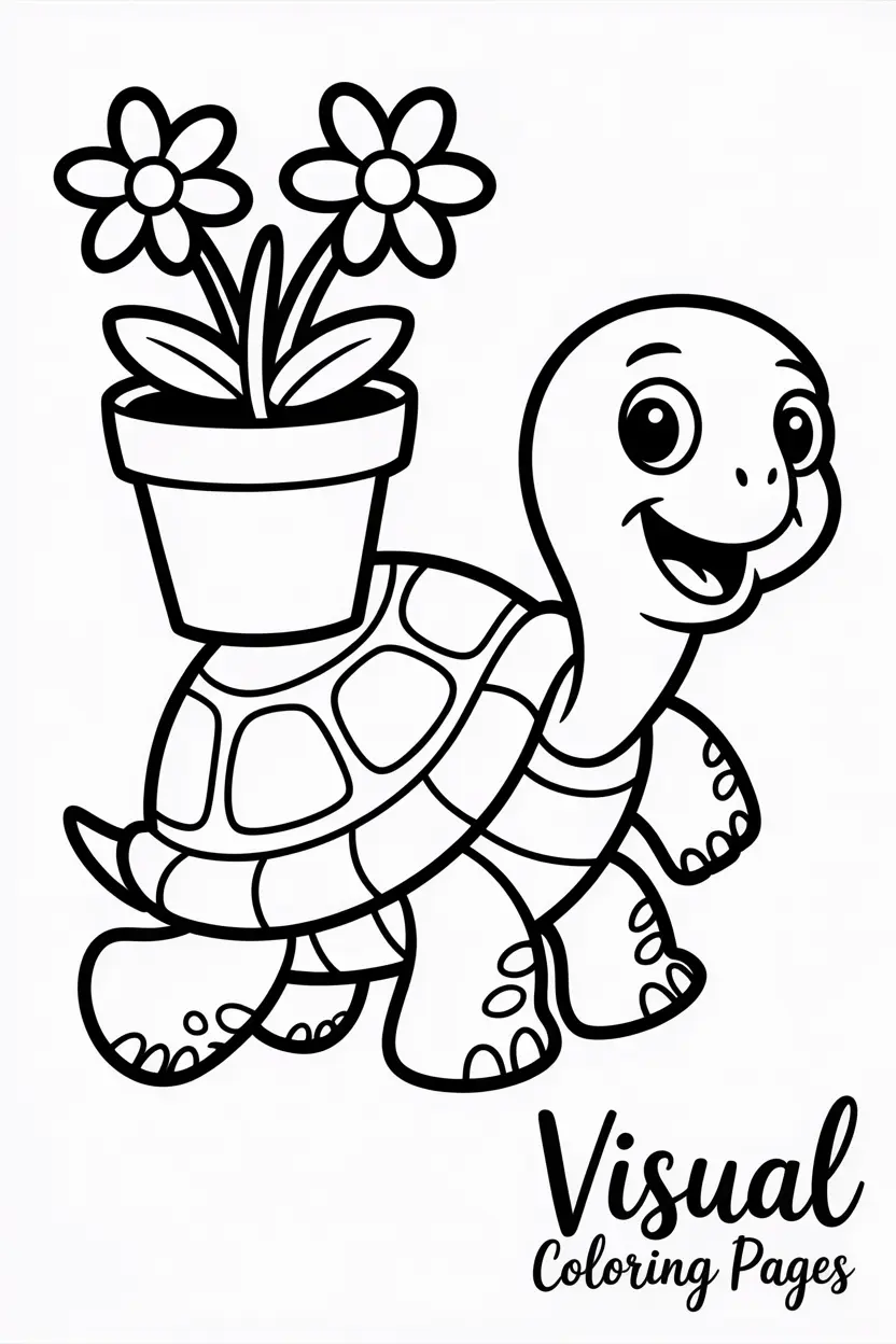 happy turtle carrying a flower pot on its shell coco