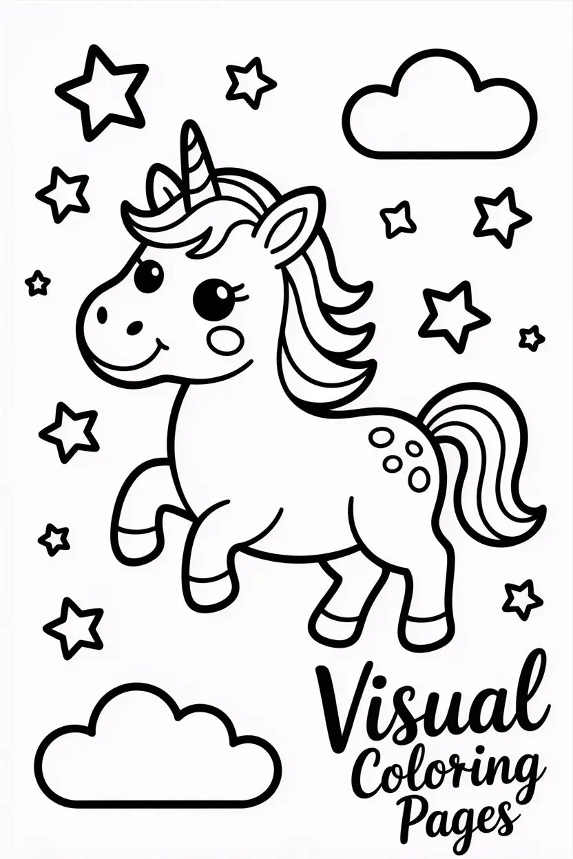 happy unicorn with stars and clouds around