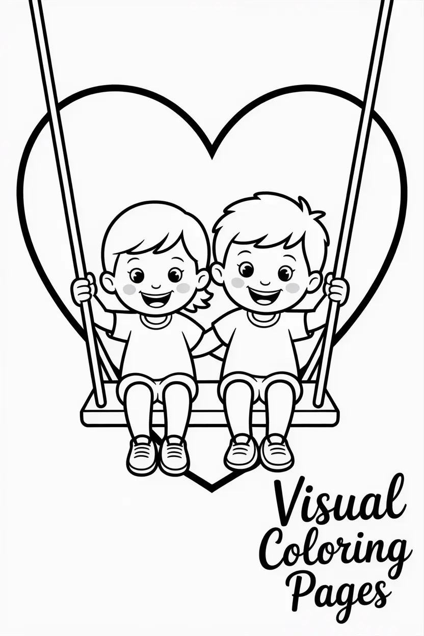 heart shaped swing with two kids sitting happily