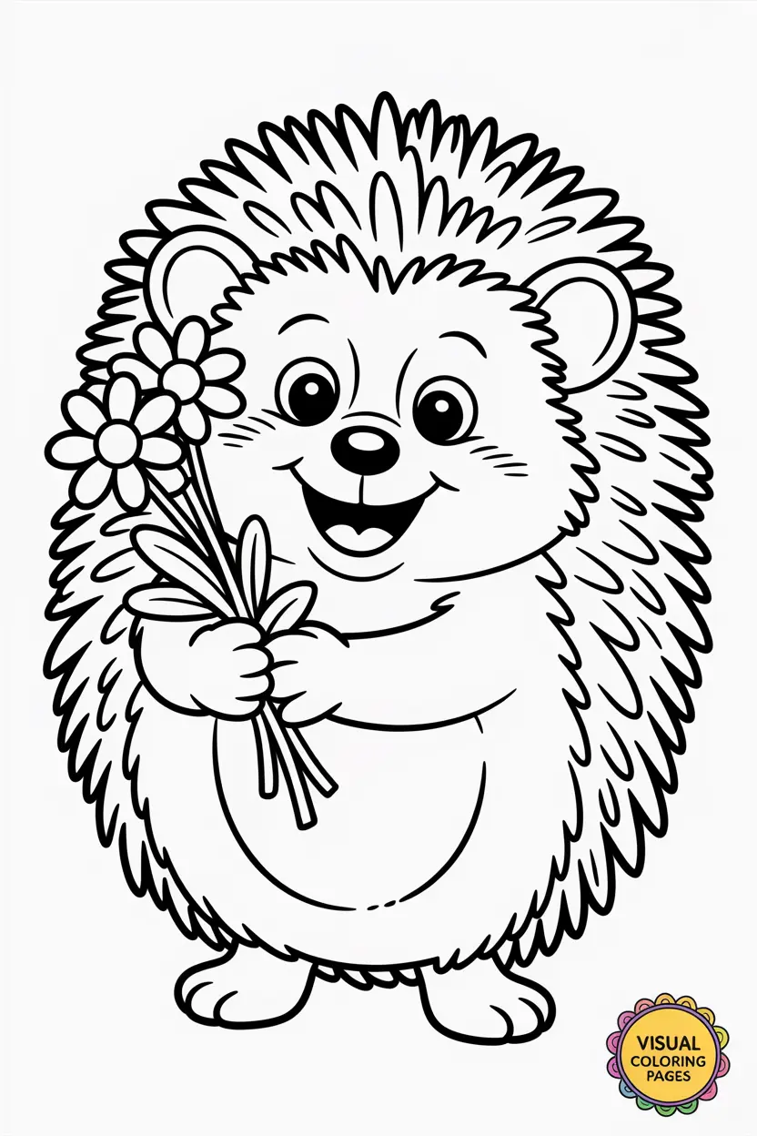 hedgehog holding a bunch of flowers smiling happily kids