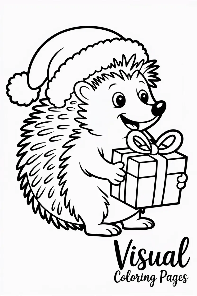 hedgehog wearing a Christmas hat carrying a gift