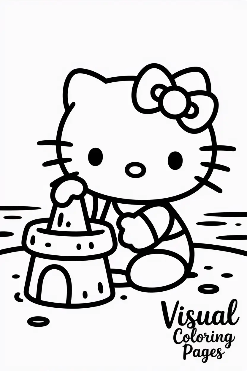 hello kitty at the beach building a sandcastle