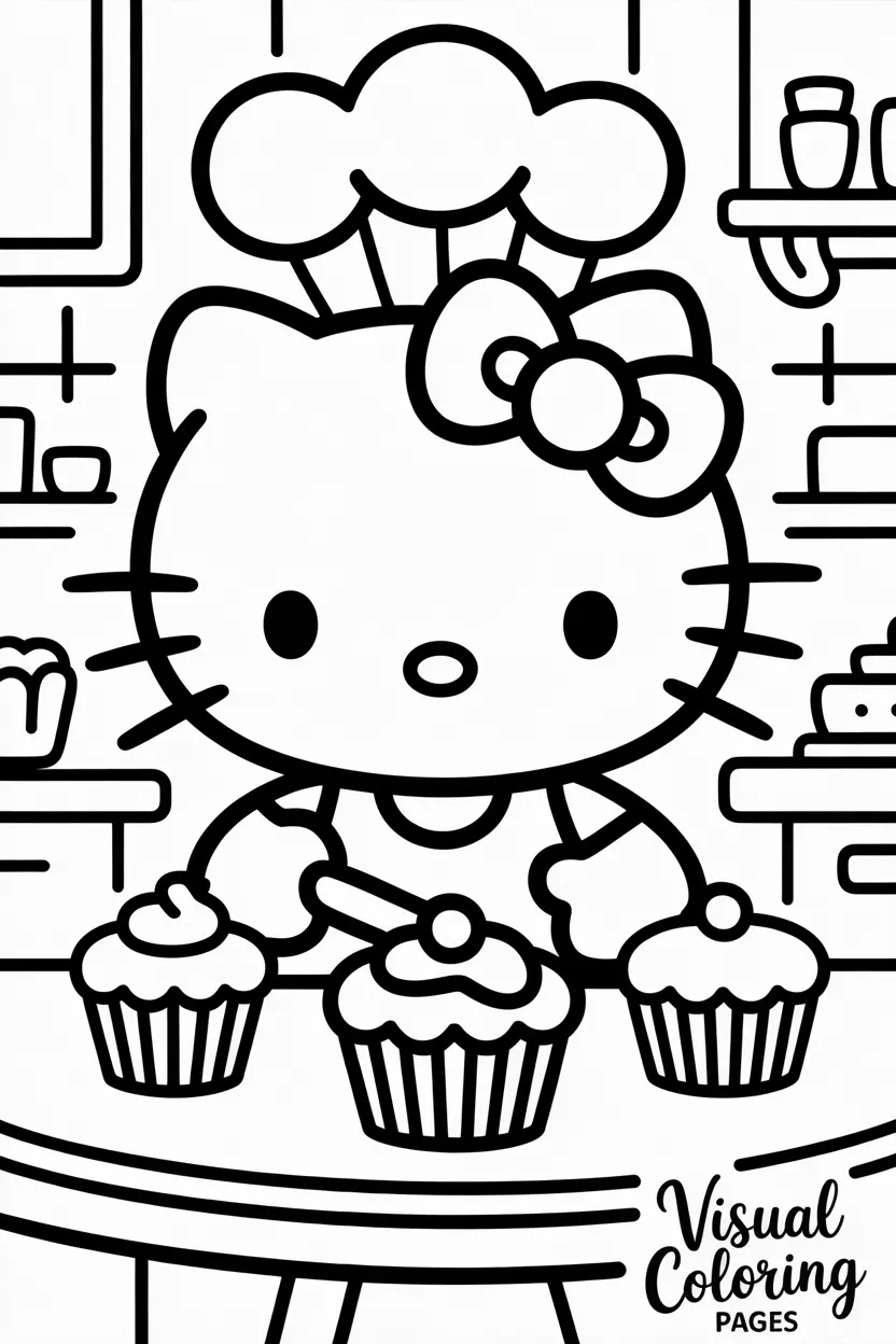 hello kitty baking cupcakes in a cute kitchen