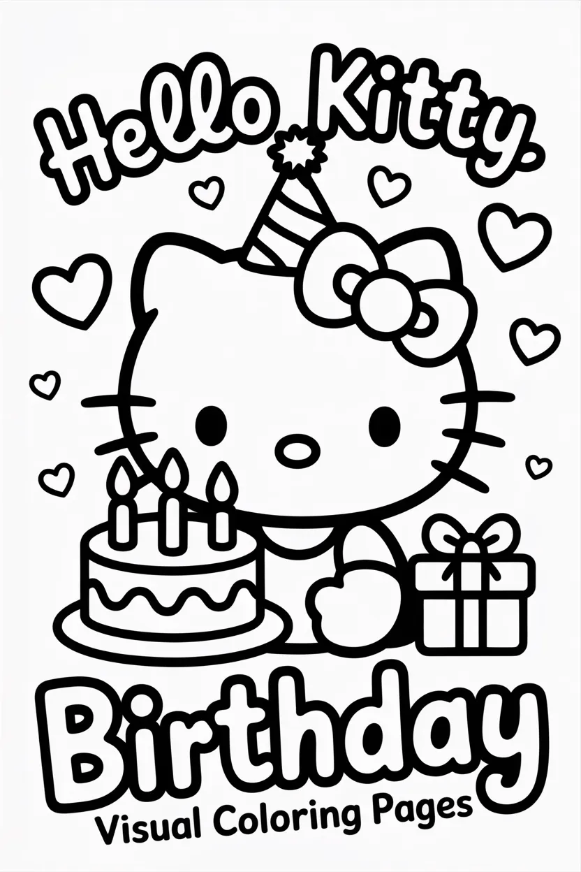hello kitty celebrating a birthday with cake and gifts