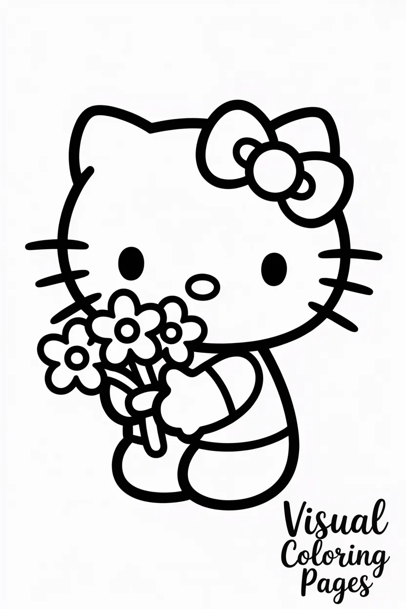 hello kitty holding a bouquet of flowers