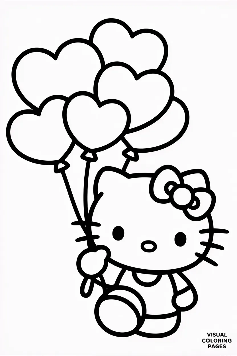 hello kitty holding a bunch of balloons shaped like hearts and stars