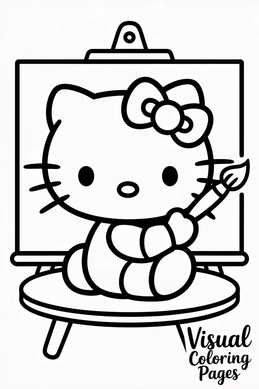 hello kitty painting on a canvas with brushes
