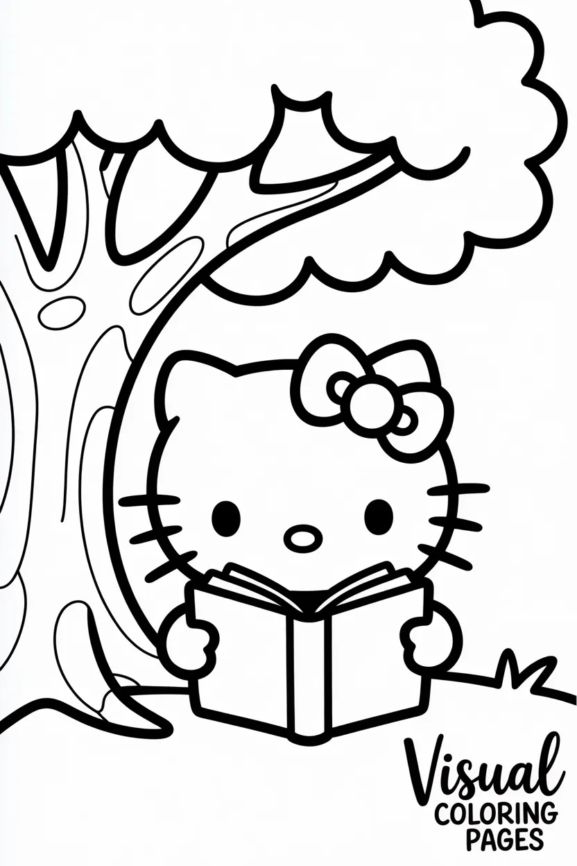 hello kitty reading a book under a big tree