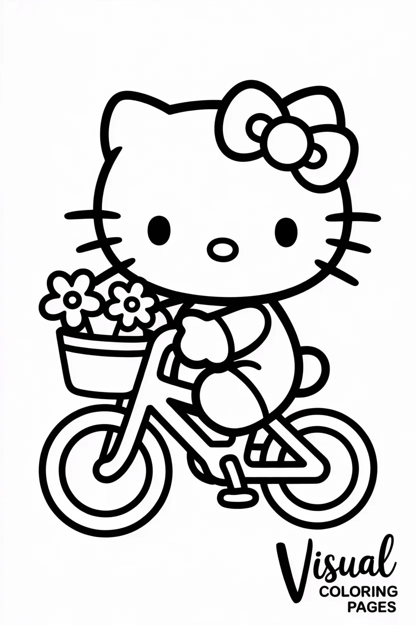 hello kitty riding a bicycle with a basket of flowers