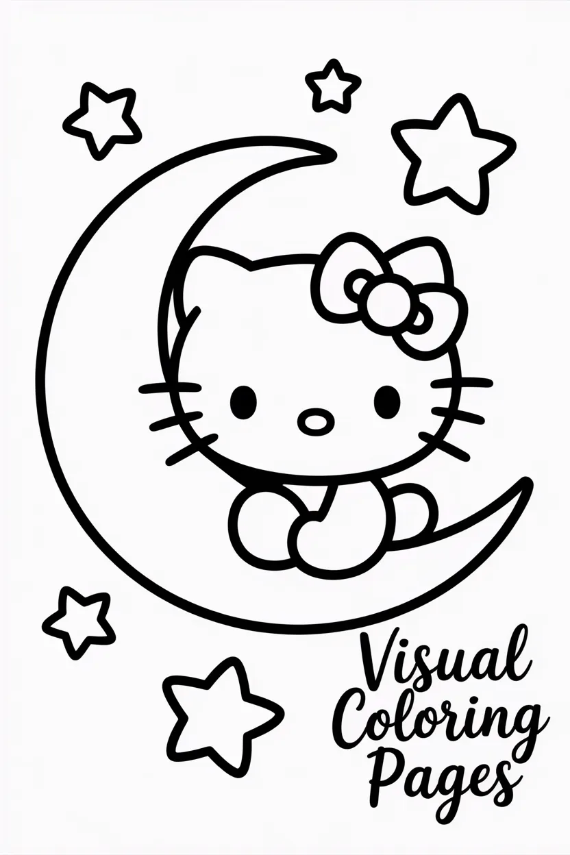 hello kitty sitting on a crescent moon with stars around