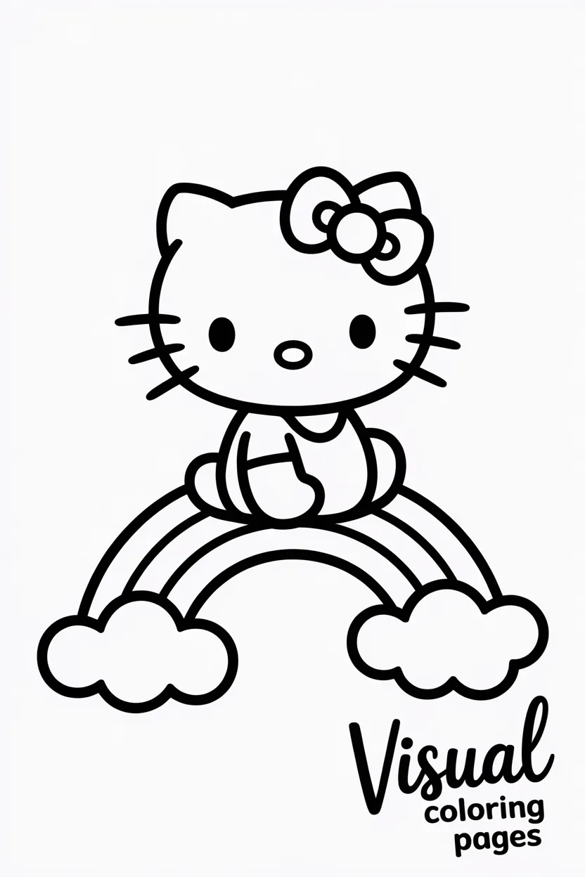 hello kitty sitting on a rainbow with clouds