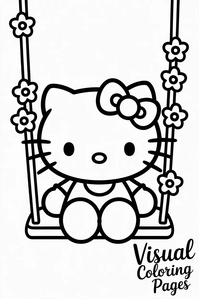 hello kitty sitting on a swing decorated with flowers