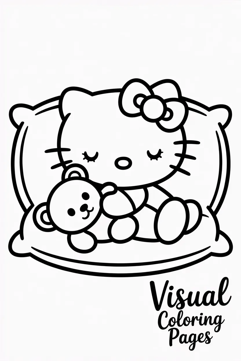 hello kitty sleeping peacefully on a pillow with a teddy bear