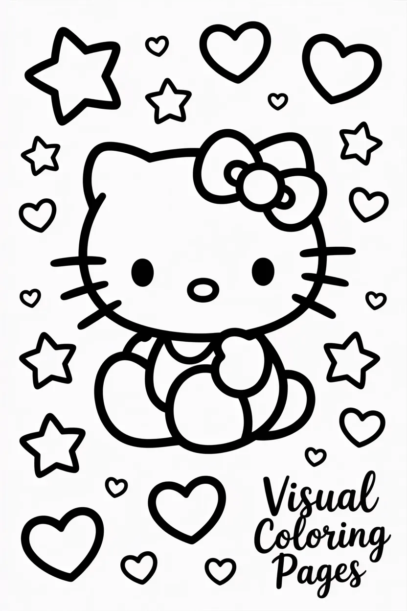 hello kitty surrounded by cute stars and hearts pattern coloring page