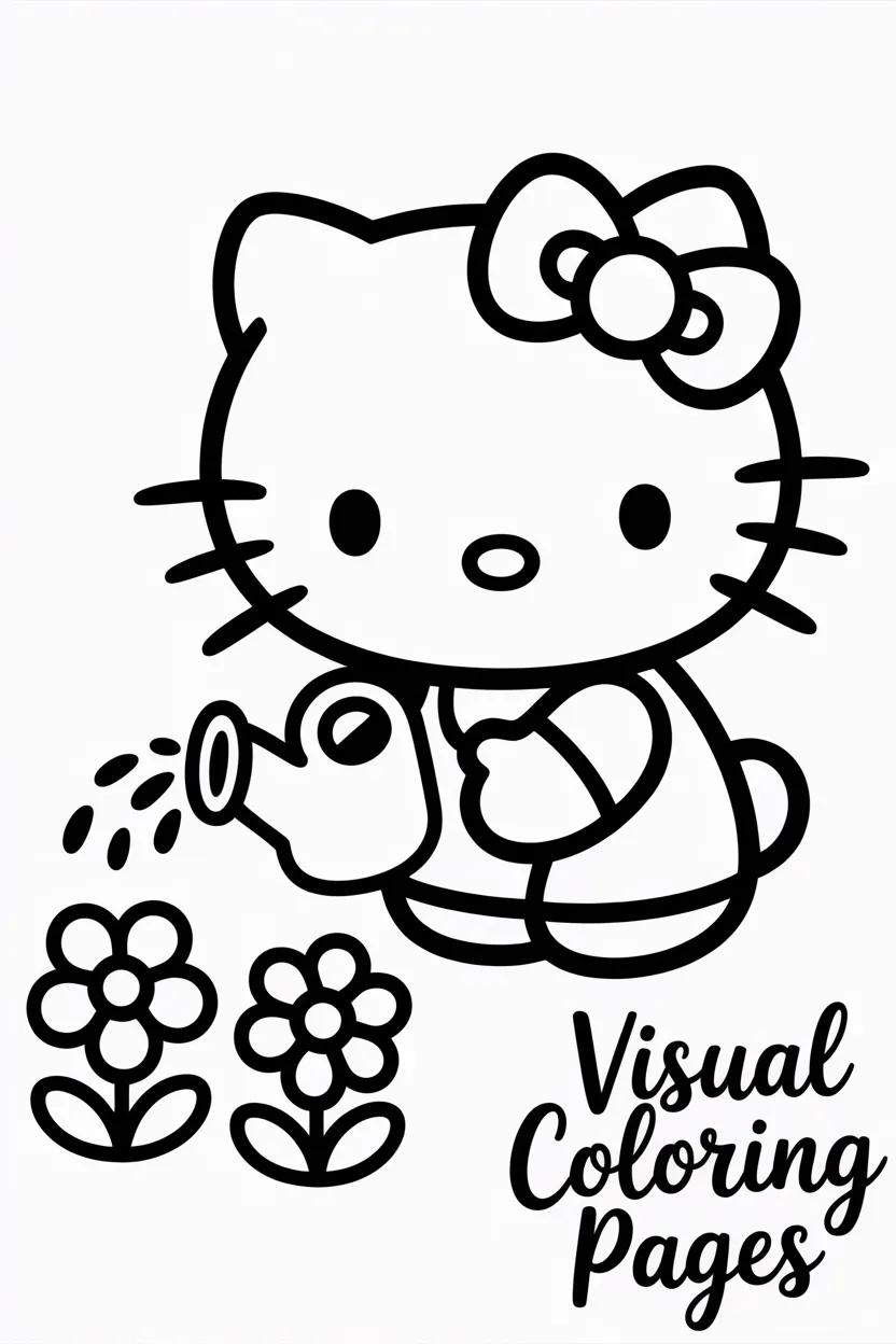 hello kitty watering flowers in a garden