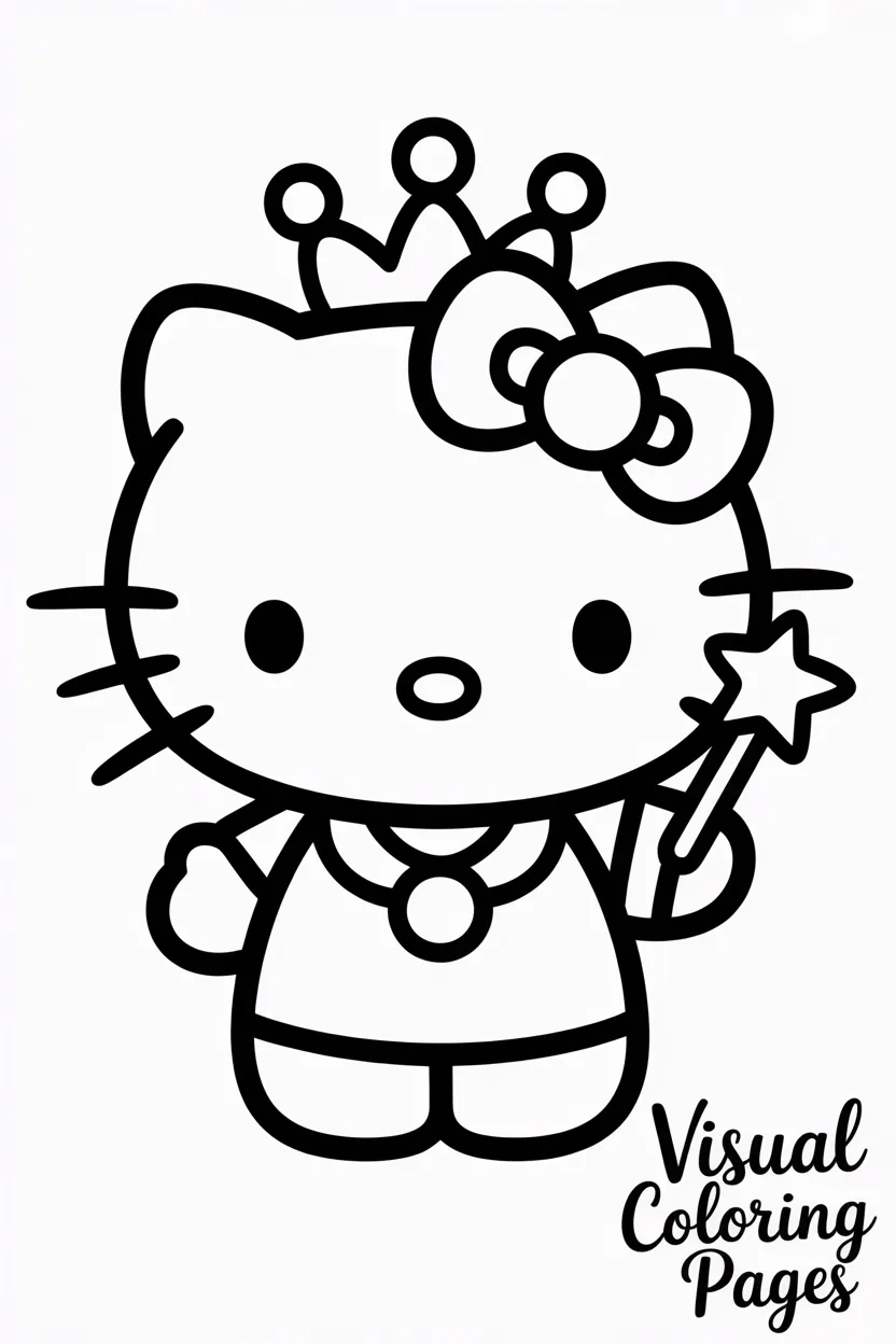 hello kitty wearing a princess crown and holding a wand
