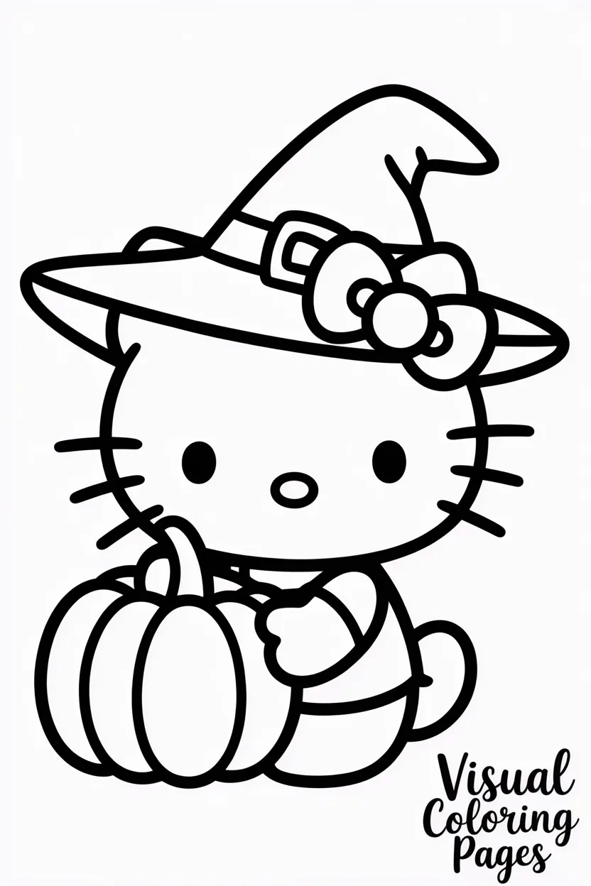 hello kitty wearing a witch hat and holding a pumpkin