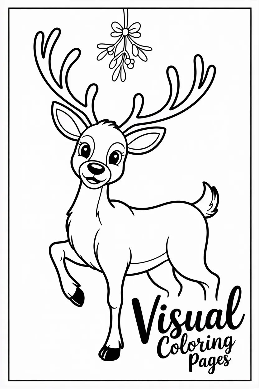 holiday deer posing beneath mistletoe sprig coloring sheet for kids